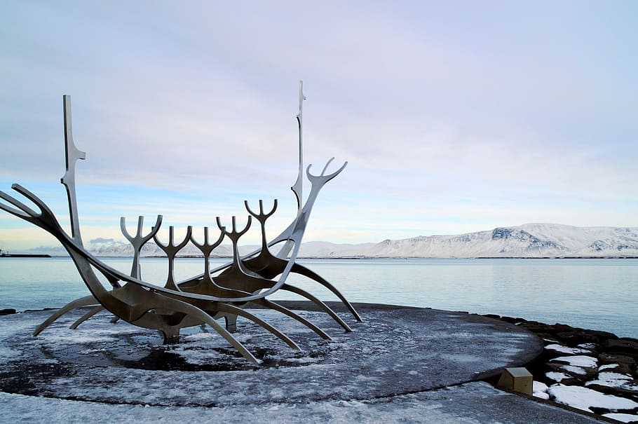 estatua del barco vikingo, barco vikingo, estatua, Sun Voyager, reykjavik, puerto, islandia, lago, obras de arte, escultura de acero