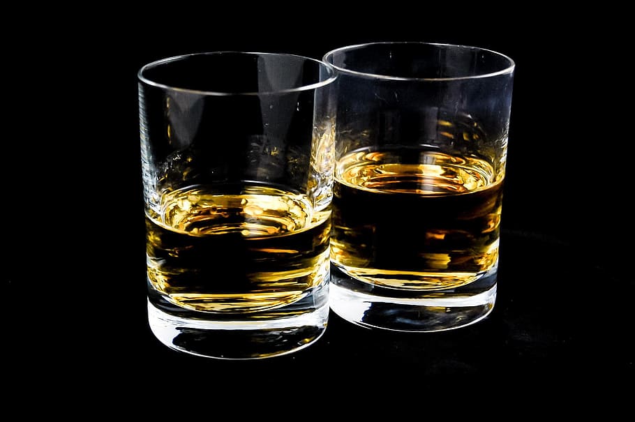 two, clear, glass shot glasses, drink, alcohol, cup, whiskey, the drink, glass, refreshment