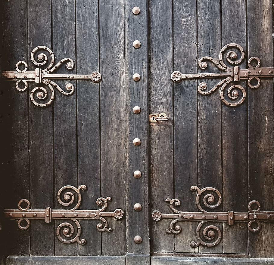 gray wooden door, door, goal, portal, wooden door, wood, input, clam kidney, fittings, door handle