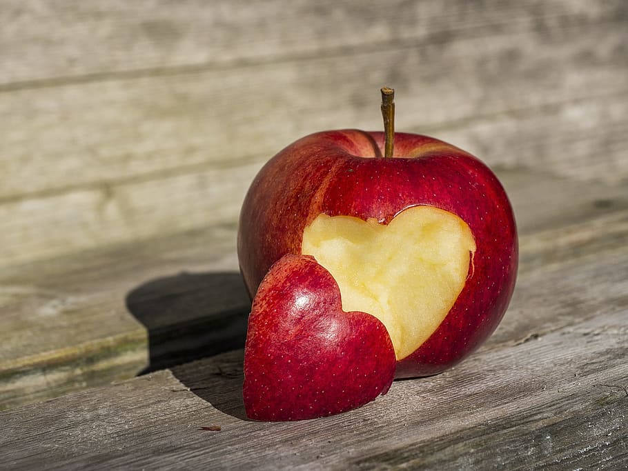 red, apple fruit, heart, shaped, bite, fruit, apple, heart apple, embassy, greeting
