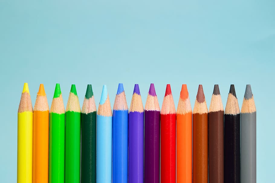 berbagai macam pena warna, hijau, seni, kayu, tajam, pensil, grup, biru, warna-warni, warna