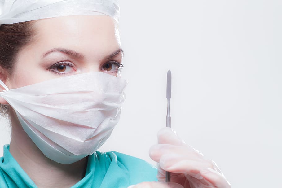 woman, wearing, face mask, holding, scalpel knife, doctor, op, medical, operation, hospital