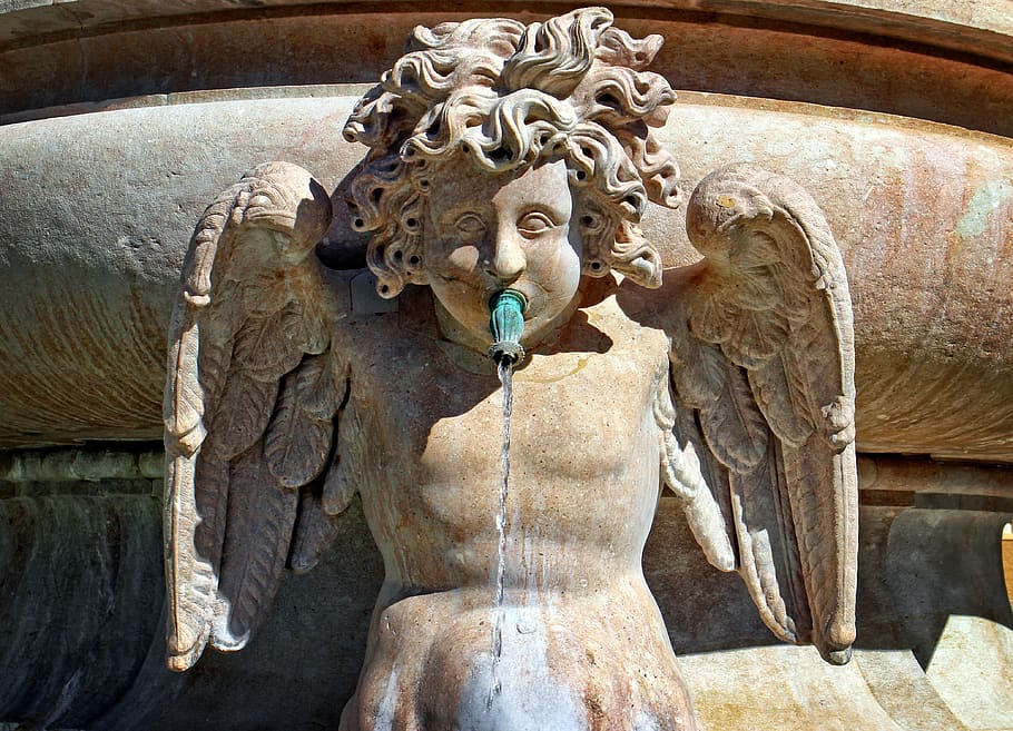 angel, stone figure, fountain, figure, sculpture, statue, angel face, rock carving, stone sculpture, gargoyle