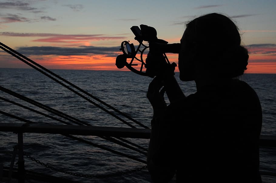 sextant, sunset, silhouette, coast guard, training, officer candidate, female, ocean, sky, dusk