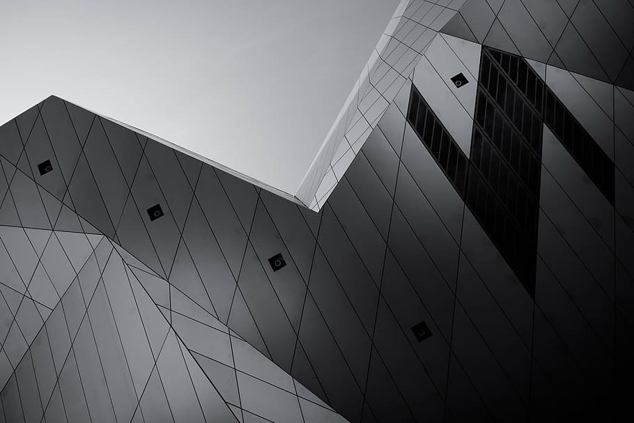 low-angle, grayscale photography, curtain wall building, architecture, building, infrastructure, museum, black and white, business, modern