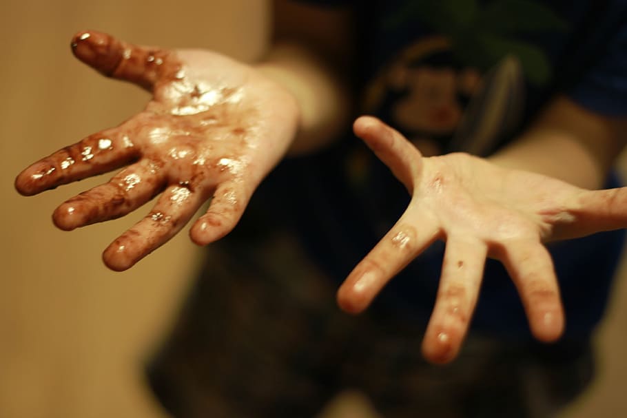 person, hands, black, stain, children, kids, hand, dirty hands, chocolate, parenting