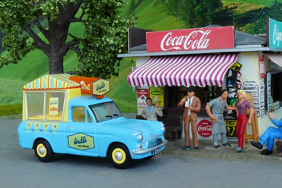 model car, ice cream van, kiosk, diorama, vans, england, gb, model train, toys, vehicle