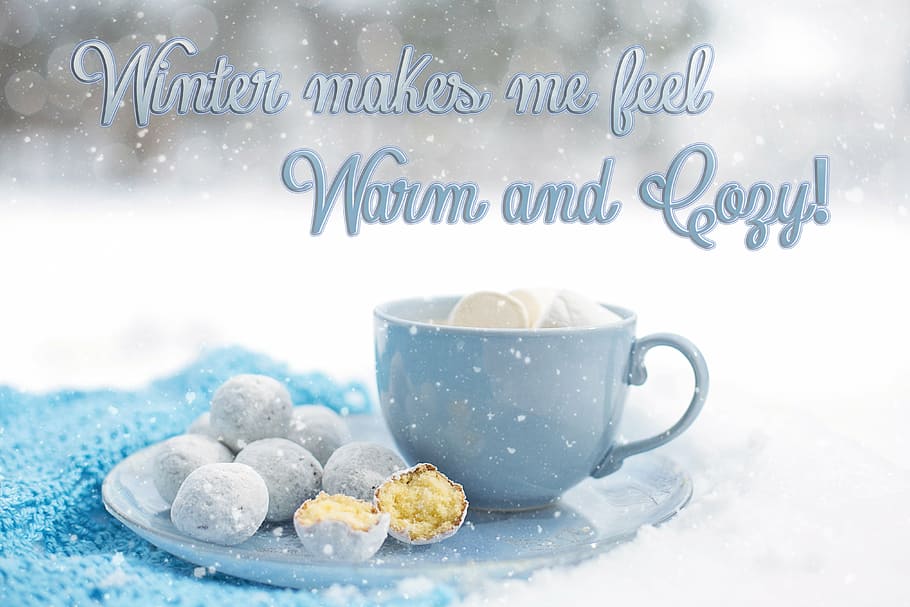 Azul, cerámica, taza, bolas de pan, platillo, copos de nieve de fondo, chocolate caliente, acogedor, invierno, postre