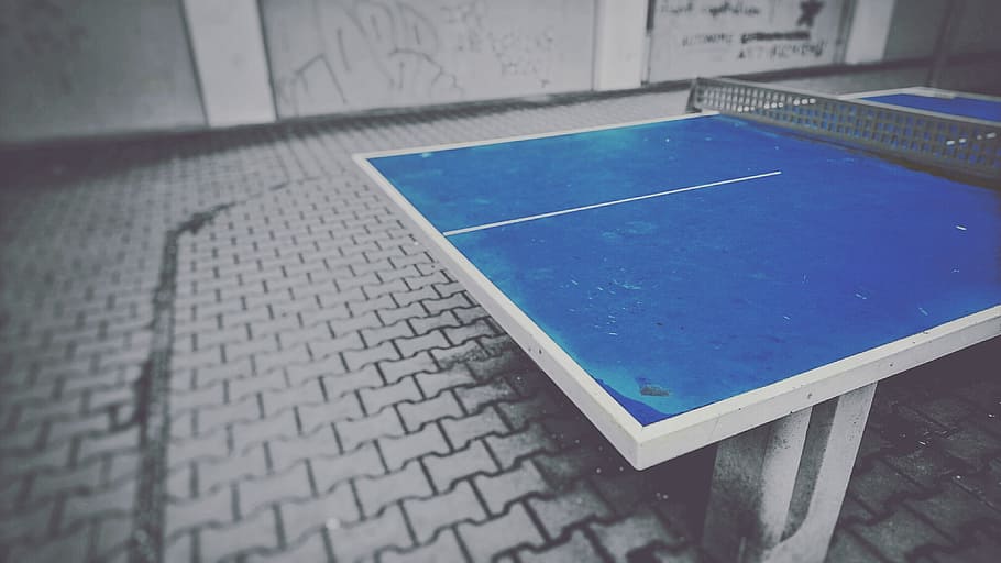 selective, color photography, table tennis table, Table Tennis, Ping-Pong, ping-pong table, sport, blue, black, white