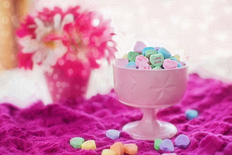 pink, cup, assorted, beads, valentine candy, hearts, conversation, sweet, holiday, pink Color