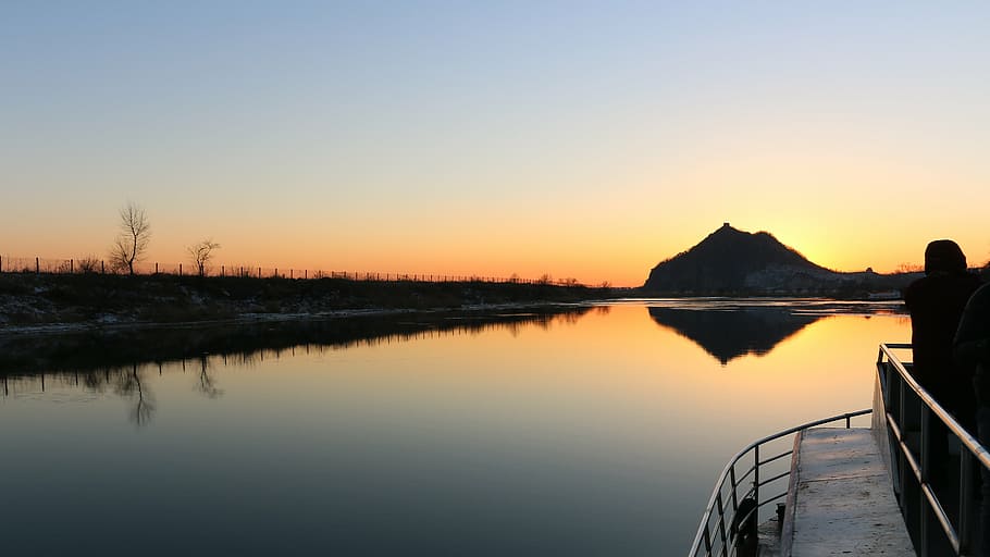 sunset, yalu river, north korea, sky, water, reflection, scenics - nature, beauty in nature, tranquility, tranquil scene