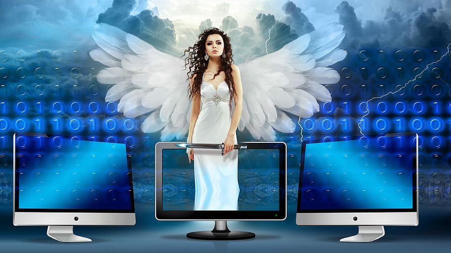 woman, white, dress, holding, flat, screen, monitor, spirituality, science, angel