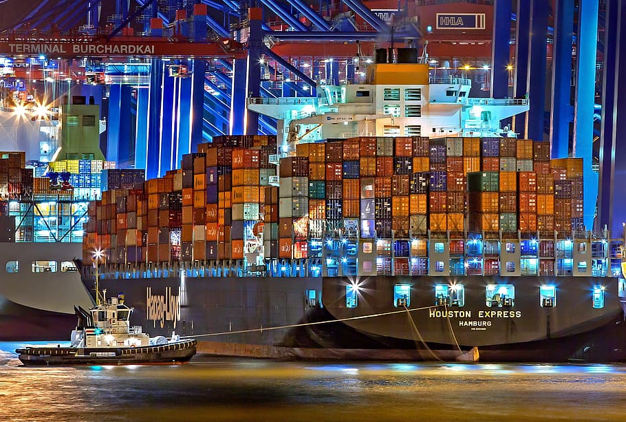 cruise houston, express, night time, hamburg, port of hamburg, container ship, germany, container port, tug, shipping