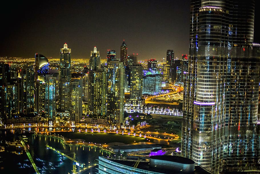 aéreo, fotografía, edificios de la ciudad, noche, ciudad, Dubai, hotel, arquitectura, paisaje urbano, viaje