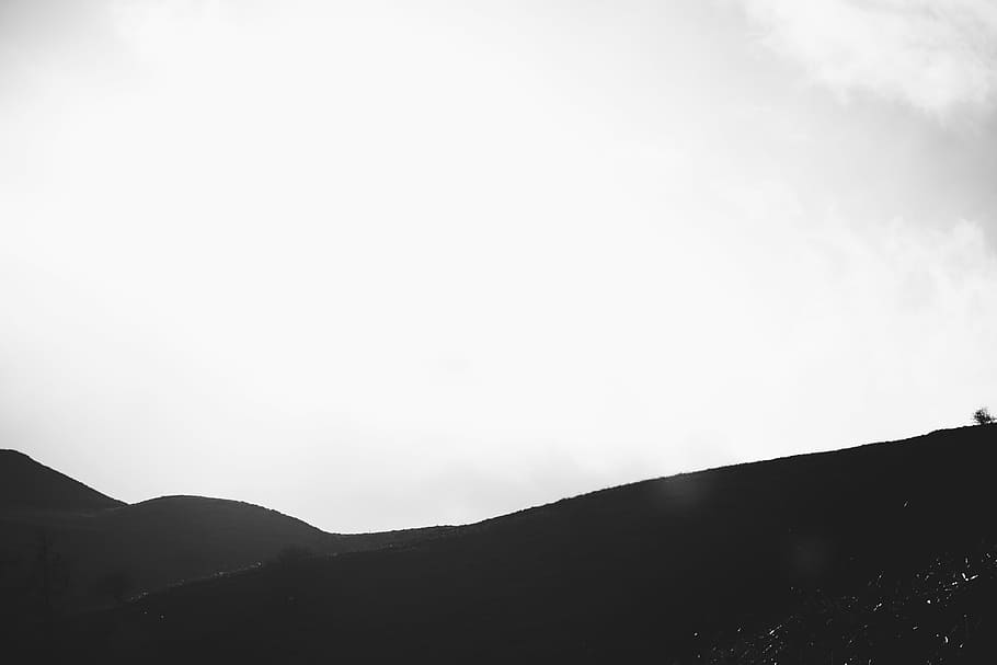grayscale photo, mountain, silhouette, landscape, nature, mountains, hills, sky, clouds, black and white