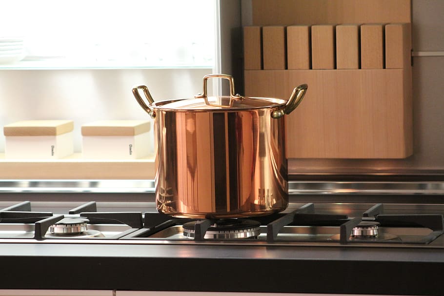gold-colored stock pot, grey, gas stove, pot, copper, cook, kitchen, tradition, pots, brass