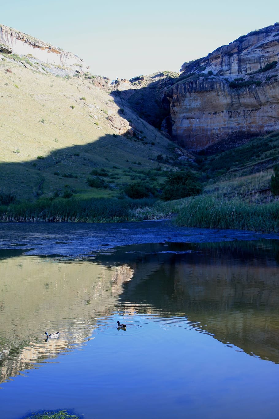drakensberg mountains, water, landscape, scenery, natural water, reflection, blue, cleft in mountains, nature, stream