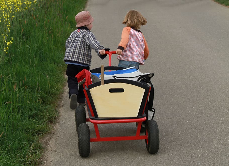 two, children, pulling, wagon, stroller, walk, dare, personal, go, run