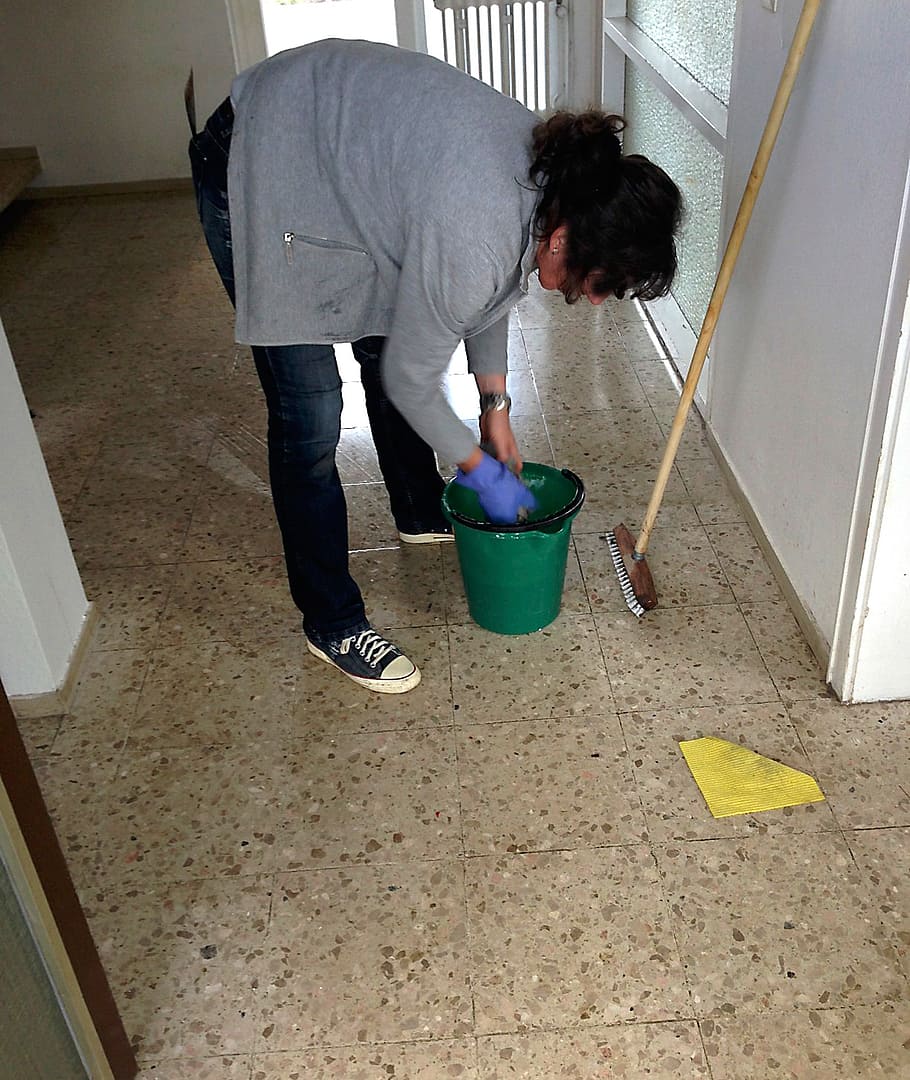 green plastic pail, cleaning lady, clean, work, side job, woman, floor, rubber gloves, viennese, cleanliness