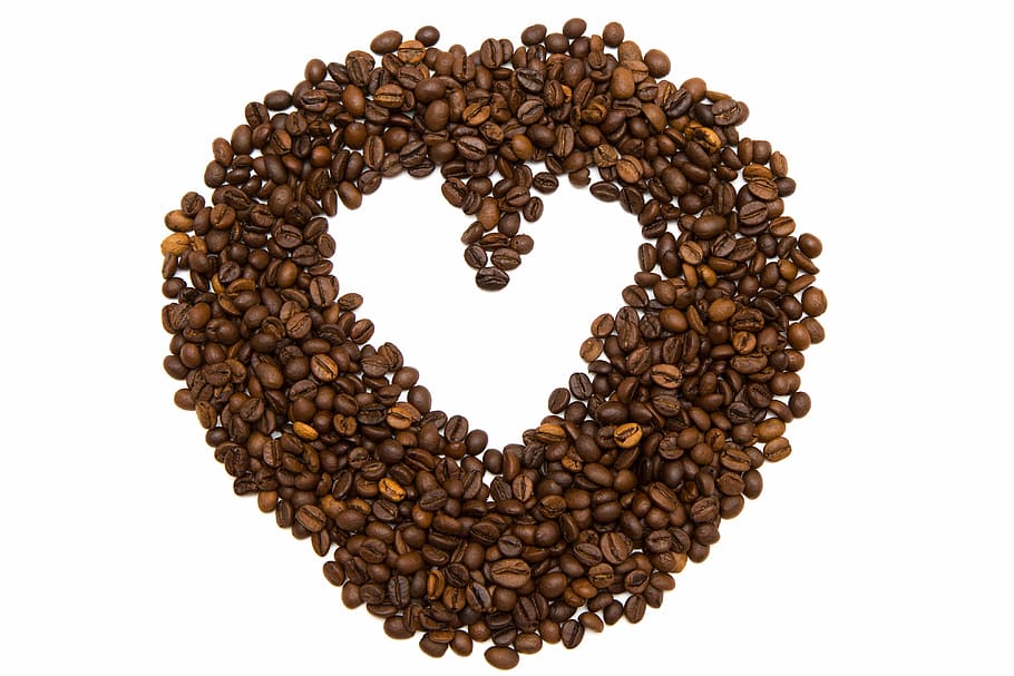 grãos de café, arranjados, forma do coração, agricultura, planos de fundo, lote, feijão, café da manhã, marrom, cafeína