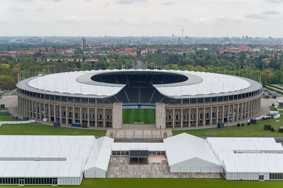 architecture, berlin olympic stadium, football, sport, fussballstadtion, history, historically, built structure, building exterior, sky