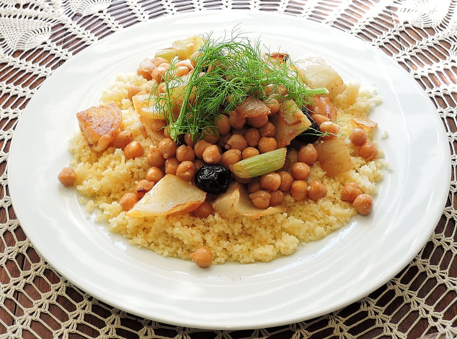 couscous, fennel, chick peas, olives, food, citrus juice, food and drink, freshness, healthy eating, ready-to-eat