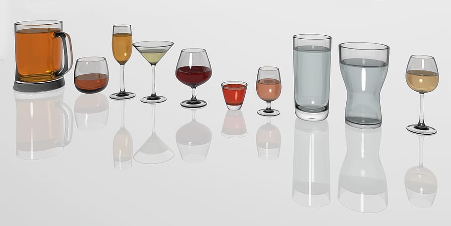 gelas minum, gelas, mirroring, minum, cairan, alkohol, anggur merah, anggur, air, bir
