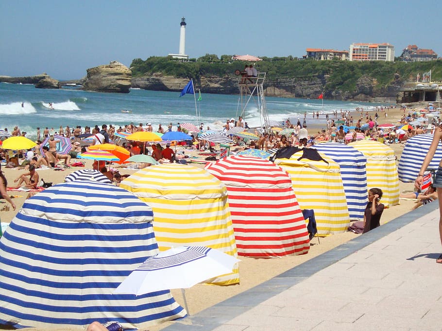 biarritz, pantai, mercusuar, samudra, riviera, prancis, pemandangan, berjemur, berselancar, pasir