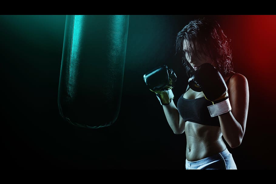 woman, wearing, black, gloves, girl, boxer, ring, boxing pear, beautiful girl, sports
