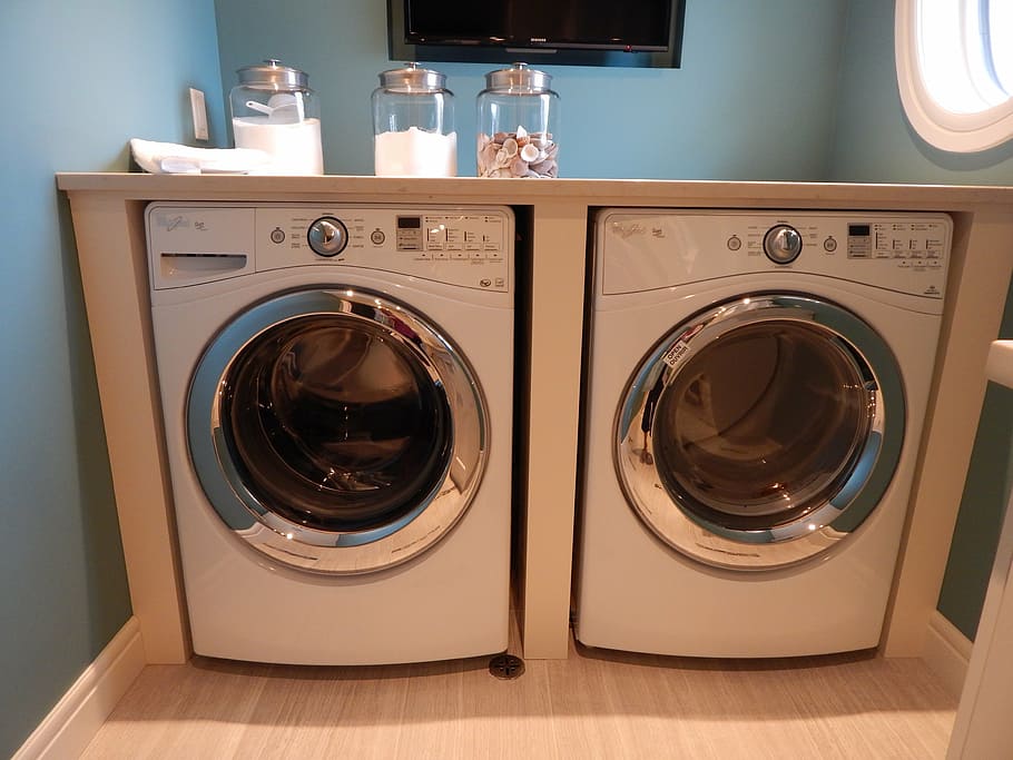 two, white, front-load washer, dryer, set', washing machine, laundry, appliance, washer, washing