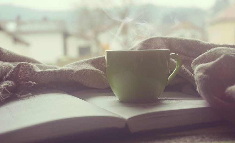 green, ceramic, cup, book, opened, coffee, tea, mug, reading, learning