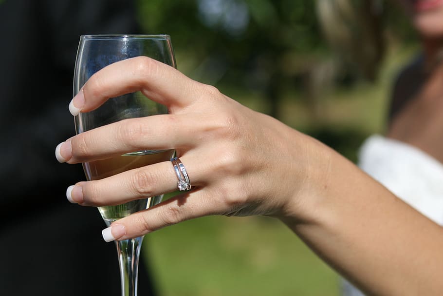 person, holding, flute glass, affair, alcohol, anniversary, attractive, band, banquet, beautiful