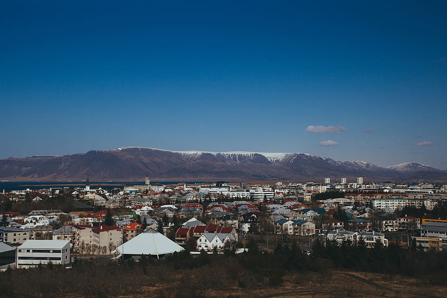 antena, fotografia, aldeia, vista para a montanha, azul, céu, dia, paisagem, estrutural, edifícios
