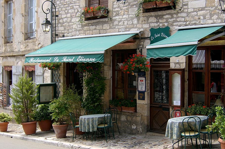 французский, ресторан, деревня, французский ресторан, французская деревня, франция, экстерьер здания, тротуарное кафе, стул, кафе