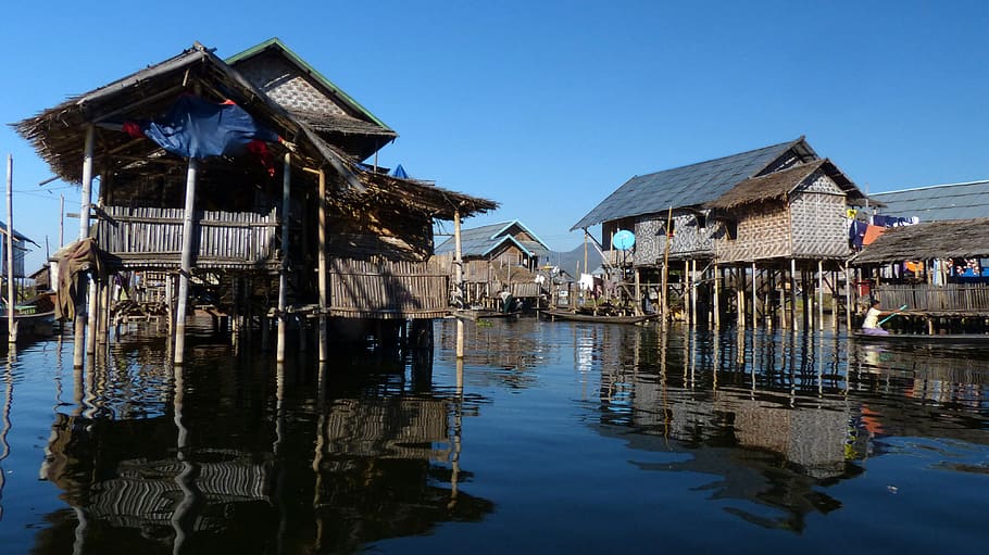 myanmar, inle, lake, nyaungshwe, house, water, architecture, building exterior, sky, built structure