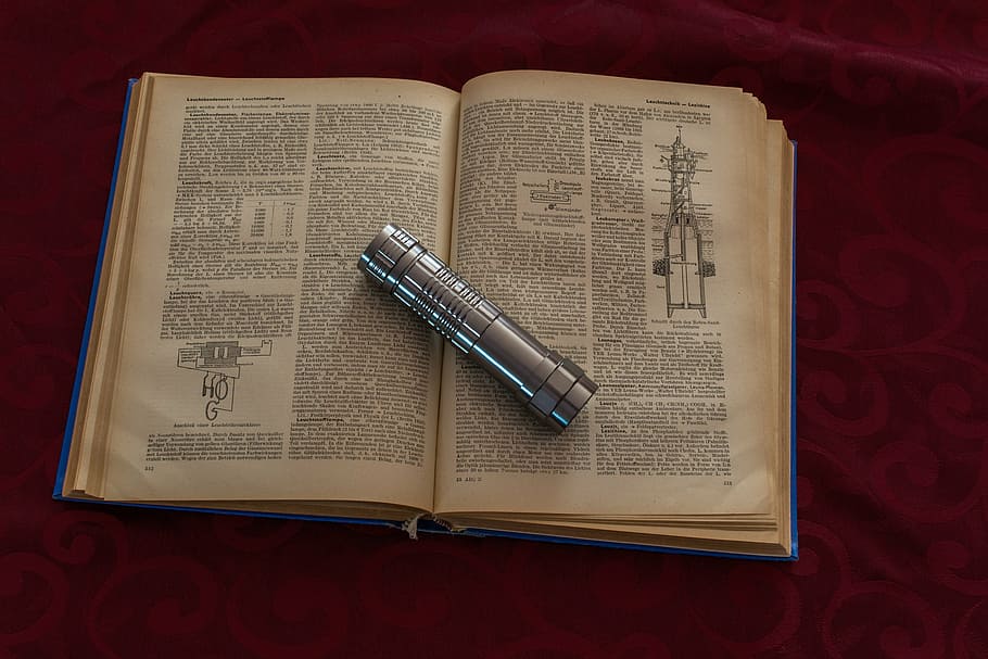 book, flashlight, close, background, metal, alu, silver, paper, purple, fabric