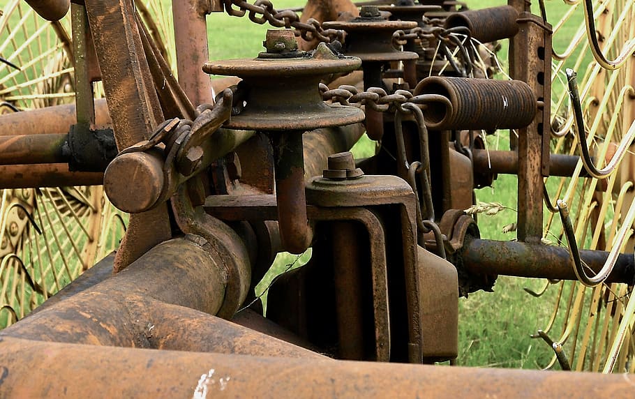 brown, industrial, machine, rusts, hay tedders, detail, agricultural machine, agriculture, technology, screw