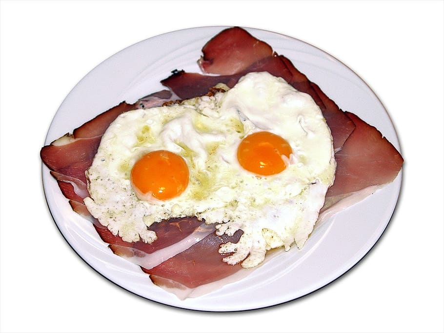 fried eggs, egg, yolk, bacon, food, eat, edible, plate, ceramic plates, proteins