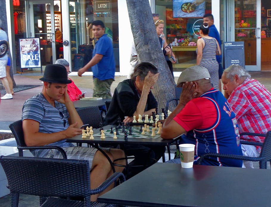 chess, playing, people, thinking, bored, south beach miami, board, game, concentration, crowd