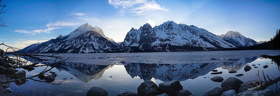 snow, covered, mountain, panorama photography, Grand Teton, Snow Mountain, Mountain, Lake, Stone, lake, blue sky