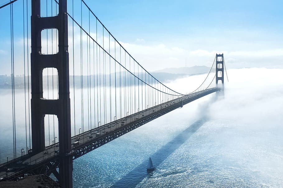 Jembatan Golden Gate, San Francisco, teluk, laut, air, perahu layar, cerah, kabut, langit, awan