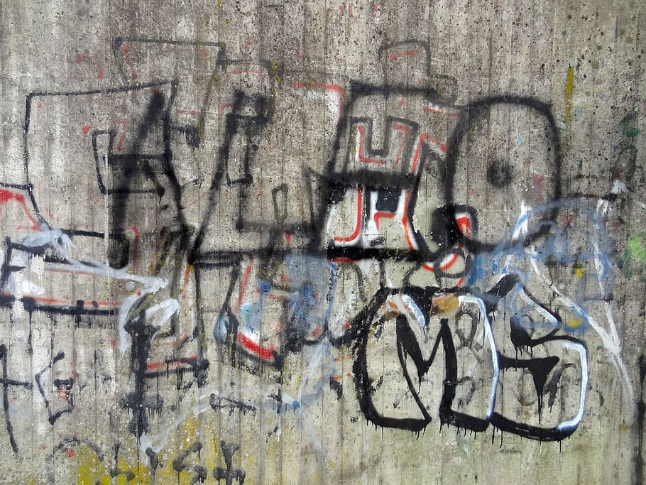 grafite, concreto, cor, frasco de spray, parede de concreto, cinza, grafite de cor, colorido, cultura jovem, vandalismo