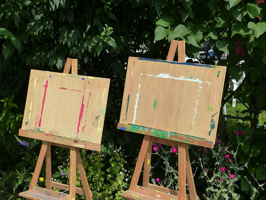 two, brown, wooden, easel, front, green, leafed, plants, paint, hobby