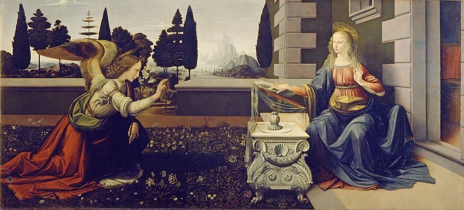 ilustrasi dua wanita, pemberitaan, leonardo da vinci, virgin mary, angel gabriel, 1472-1475, pengumuman, proyek seni, galeri uffizi, florence