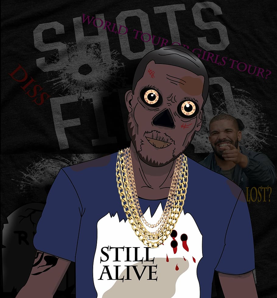 zombie, meek mills, rapper, cartoon, text, front view, portrait, men, one person, real people