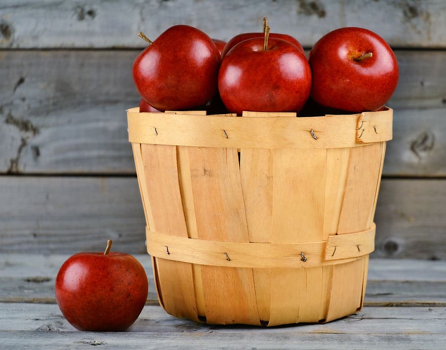 bunch, red, apples, brown, wooden, bucket, basket, fruit, harvest, garden