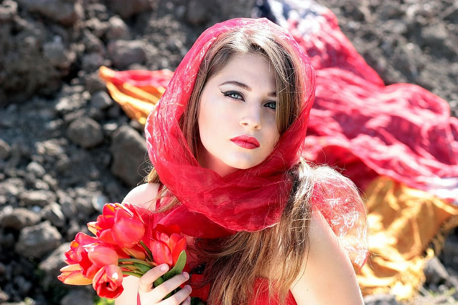woman, wearing, red, scarf, holding, tulips, girl, green eyes, beauty, lipstick