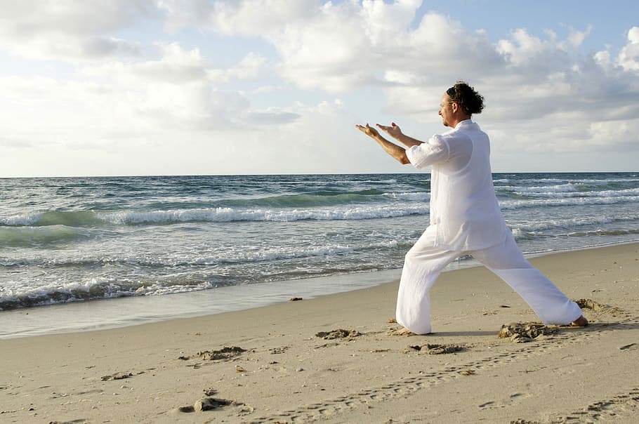 dressed, practicing, beach, Man, White, Tai-Chi, on the Beach, clouds, photos, landscape