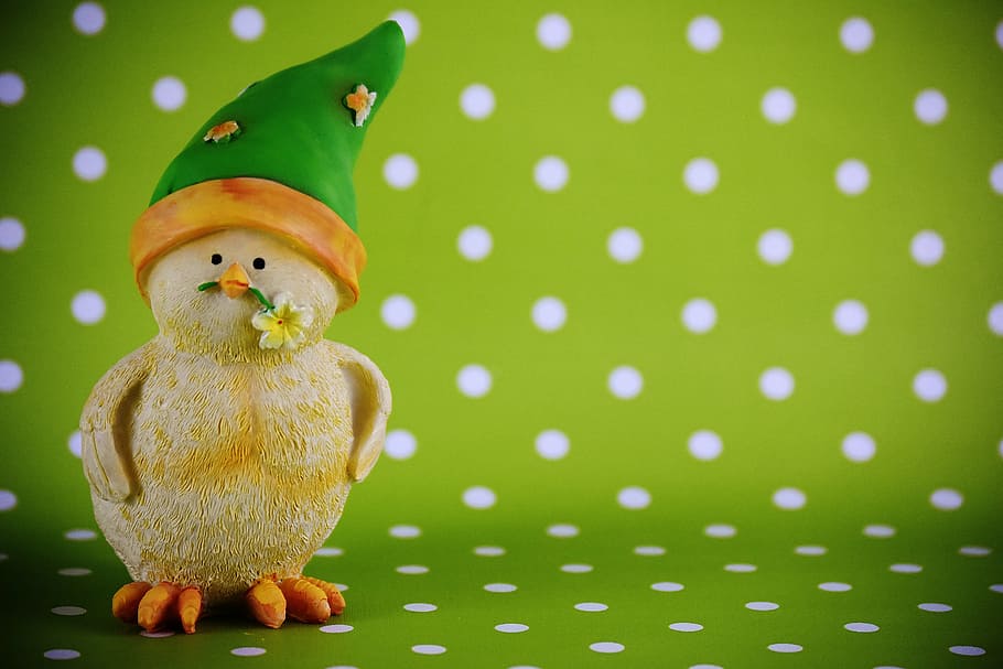 yellow, chick, wearing, green, hat, chicks, easter, cute, decoration, easter theme