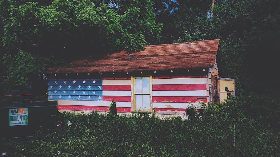 house, home, trees, flag, US, sovereignty, democracy, forest, woods, cabin